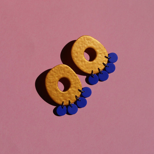 Boucles d'oreilles stud - Rond doré & pastille bleu | Collection Pam