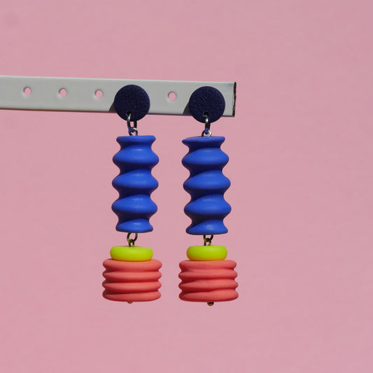 Boucles d'oreilles pendantes - Art déco Bleu, Corail et Jaune | SOLDES