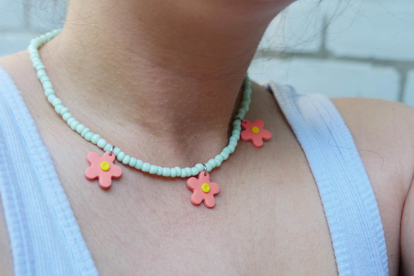 Pearl &amp; polymer clay necklace - green with coral flower | Accessories