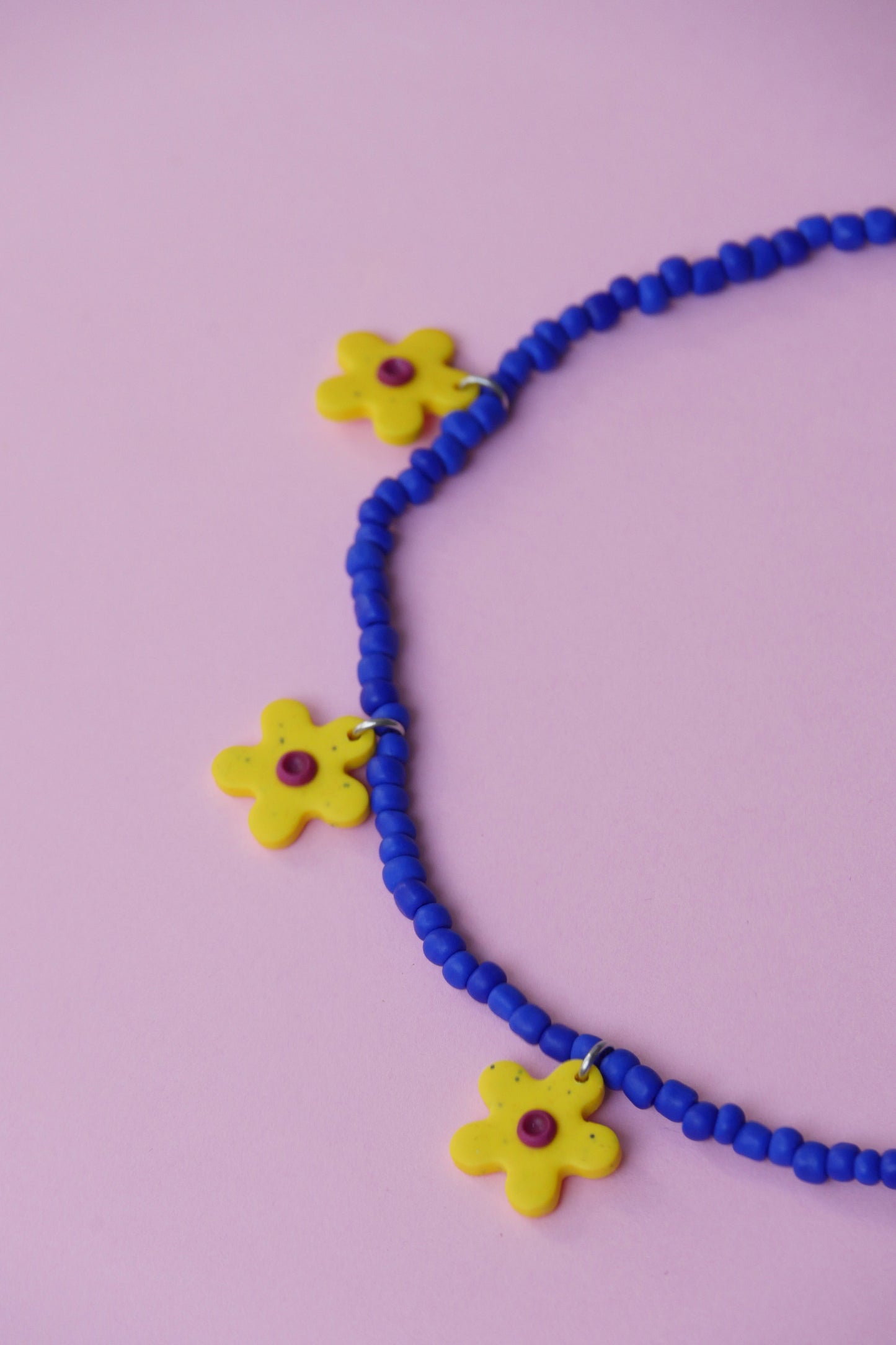 Beaded &amp; Polymer Clay Necklace - Blue with Yellow Flower | Accessories