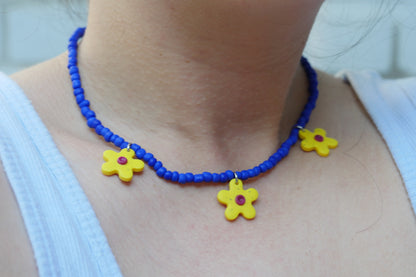 Beaded &amp; Polymer Clay Necklace - Blue with Yellow Flower | Accessories