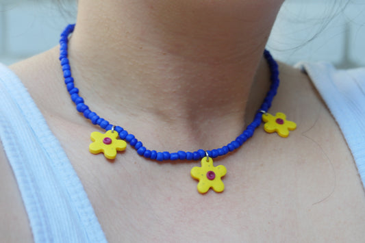 Beaded &amp; Polymer Clay Necklace - Blue with Yellow Flower | Accessories