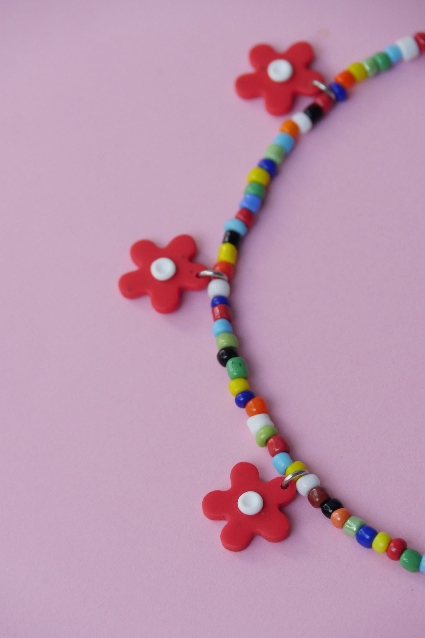 Beaded &amp; Polymer Clay Necklace - Multicolor with Red Flower | Accessories