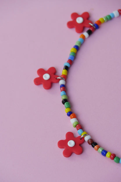 Collier en perles & argile polymère - multicolore à fleur rouge | Accessoires