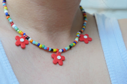 Beaded &amp; Polymer Clay Necklace - Multicolor with Red Flower | Accessories