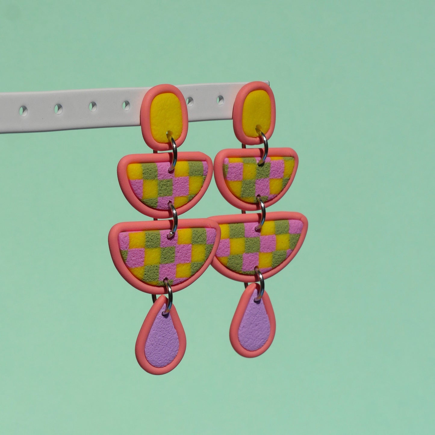 Boucles d'oreilles - Damier jaune, rose & vert | Collection Doris