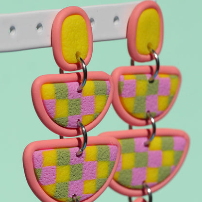 Boucles d'oreilles - Damier jaune, rose & vert | Collection Doris