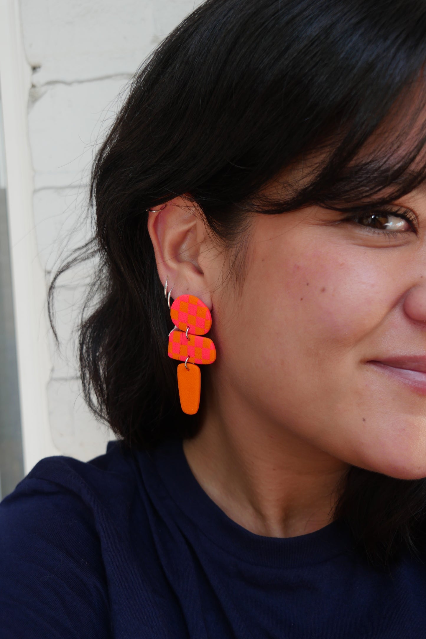 Boucles d'oreilles - Damier orange & rose fluo | Collection Doris