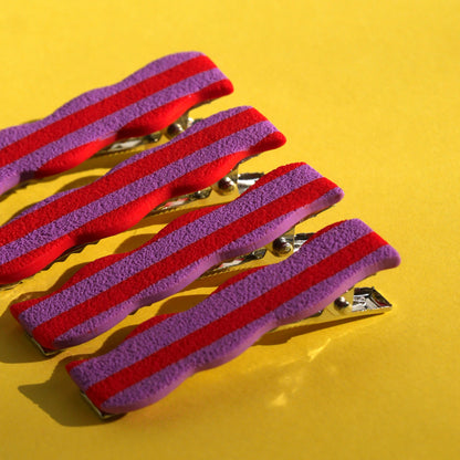 Barrettes rayées en argile polymère – Rouge et violet | Accessoires