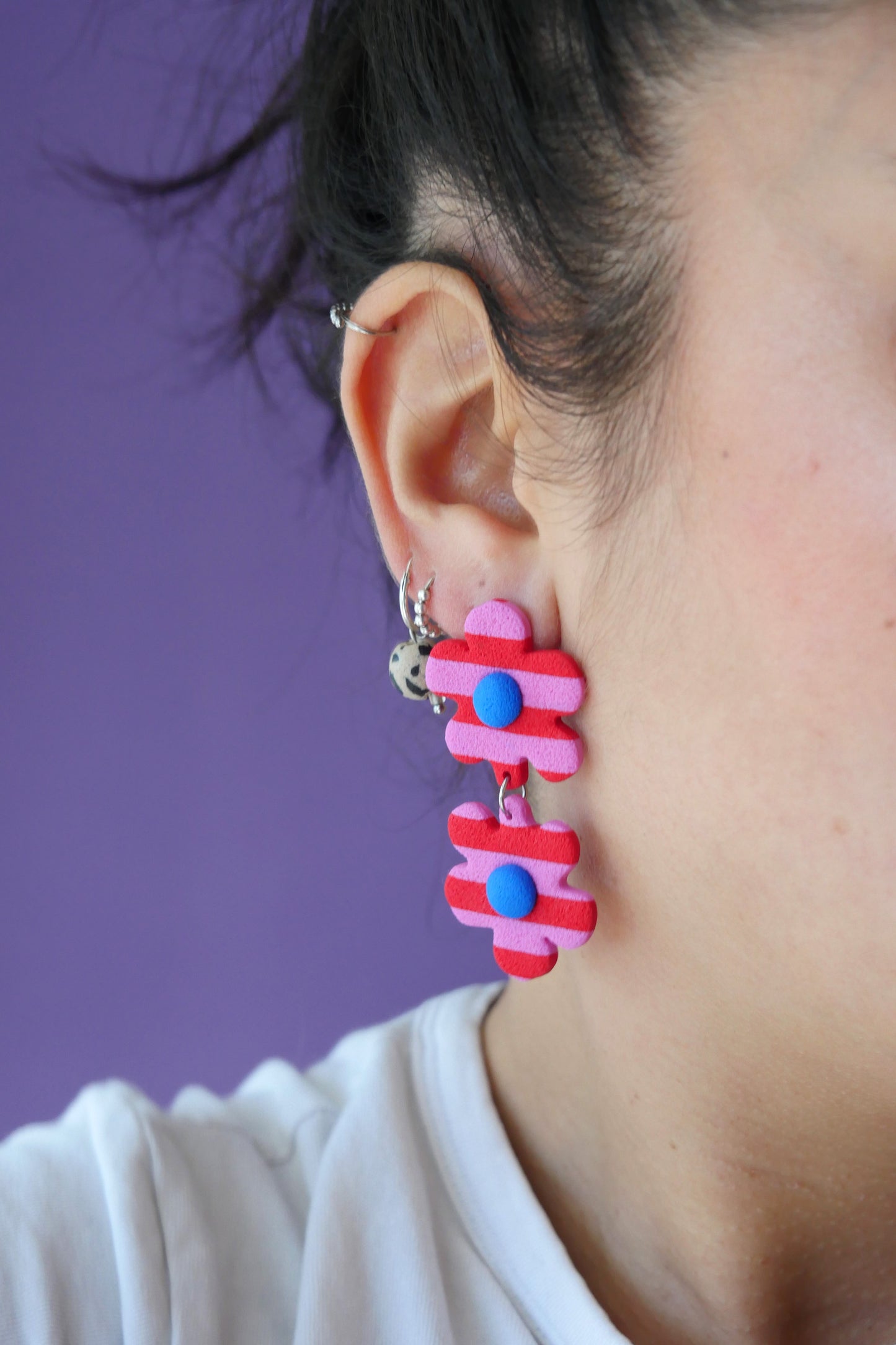 Boucles d'oreilles Fleurs rayures rose & rouge | Collection Huguette
