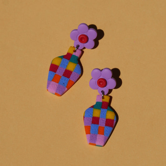 Boucles d'oreilles - Fleur & vase damier | Collection Garance